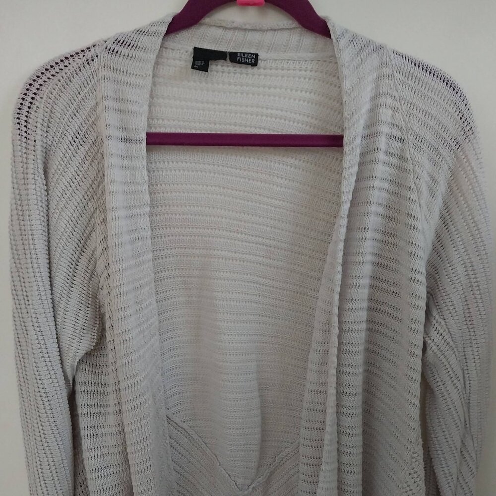 Eileen Fisher Cardigan 100% Italian Linen Medium Light Pearl Gray Boho